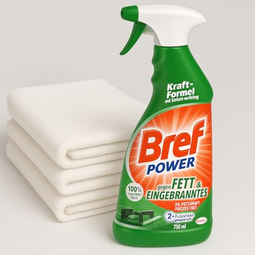 Bref Küchenreiniger Power gegen Fett & Eingebranntes (750 ml) + 3 Mikrofasertücher + PurLife Sticker