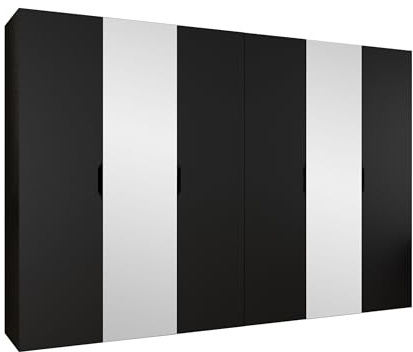 Mirjan24 Kleiderschrank mit Spiegel, Einlegeböden und Kleiderstange Midere 300, Vielseitiger Drehtürenschrank, Elegantes Kleiderschrank 6-türig (Schwarz)