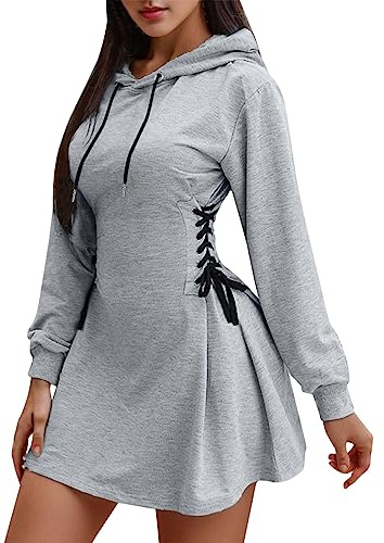 Women's Hoodie Long Sweat Dress Winter Hooded Sleeve Bodycon Jumper Tunic Mini with Drawstring Elegant Autumn