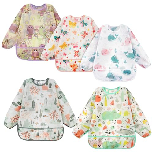 Vicloon Lätzchen Baby mit Ärmel, 5 Pack, Abwaschbar Ärmellätzchen Ganzkörper Lätzchen Baby, Unisex Lätzchen Set für Essen Kunst Handwerk Malerei Bemalen Spielen für 6-24 Monaten