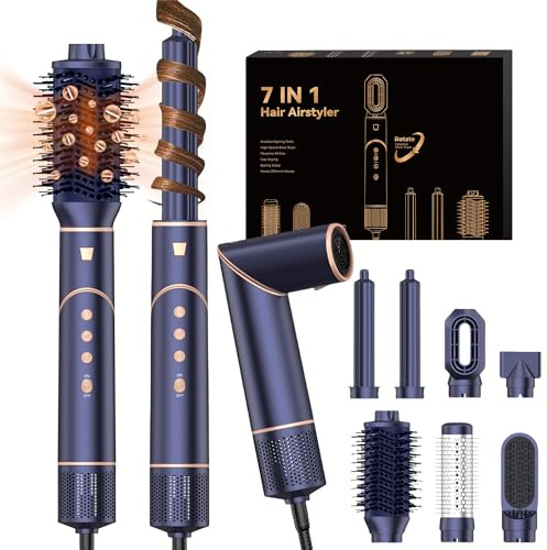 7 in 1 Pro Air Styler 110,000RPM High-Speed Ionic Hair Blow Dryer with Air Curlers 7 Styling Tools Hair Magic Styler for Styling Curling Straightening Volumizing Gifts for Women,1200W, Sapphire-Blue