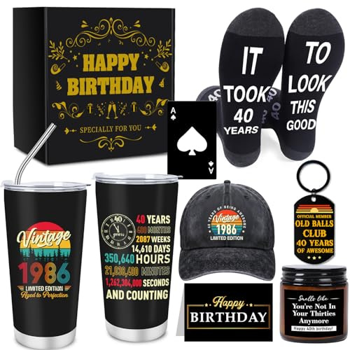 Eiapadeor 40th Birthday Gift for Men - Vintage 1986 40 Year Old Man Present, 7 Pcs Birthday Gifts Tumbler Baseball Cap Bottle Opener Socks Present for Husband Father Dad's 40th Father's Day Christmas
