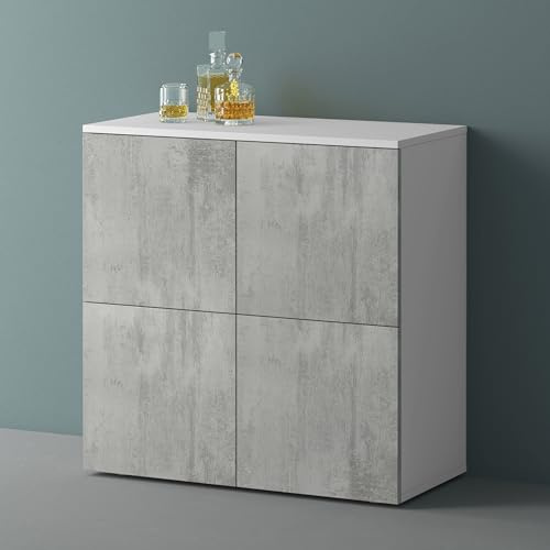 Mai & Mai Sideboard 76cm Kommode 4 Türen Soft-Close grifflos Stauraum | Sideboard Wohnzimmer, 4 Stauräume, verstellbare Füße, Flurschrank, Weiß matt + Beton, BxTxH:76x36,4x74cm, Schrank04
