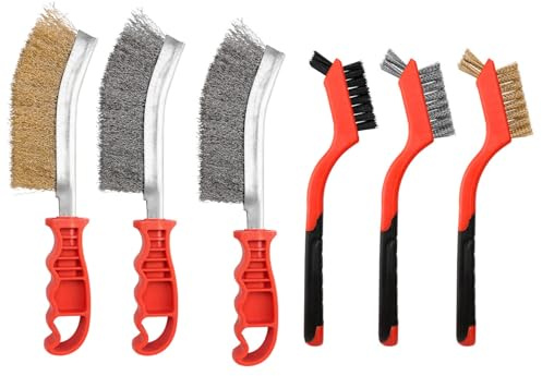 SI FANG 6 Brosses Métalliques Manuel Nettoyage Métal Décapage Rouille | 3 Matériaux : laiton inox nylon Décape rouille et peinture ébarbe métal et bois Manche incurvé pour les coins