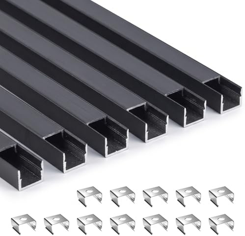 LIROPAU LED Profil 1m Schwarz 6er Set, LED Aluminium Profil, 12×10mm | für Akustikpaneele mit Montageclips Schwarz Streifen, LE-D Pro-fil ST10 Aluminium Sch-warz für Streifen inkl