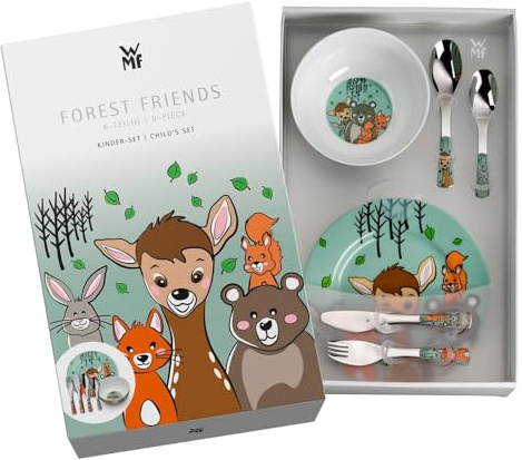 regalo grabado Cubiertos Personalizados Vajilla Animalitos Bosque +3 Años | Set de 6 cubiertos y vajilla infantil de acero inox y porcelana, Grabado de nombre y fecha, Apto para mayores de 3 años