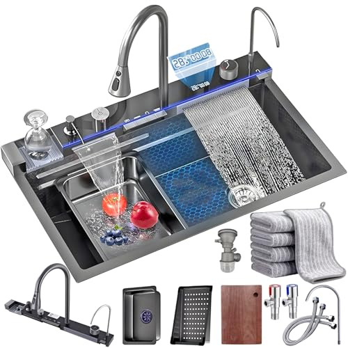 Negro Fregadero Multifuncional 1 Seno Estilo cascada Encimera Cocina Acero inoxidable Nano Revestimiento Fregadero Inteligente con Tabla de cortar, Dispensador De JabóN, Accesorios (Negro, 85x50x22cm)