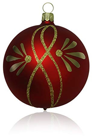 Lauschaer Glas Christbaumkugeln rot matt mit Ranken 5 Stück d 6cm Christbaumschmuck Weihnachtsbaumschmuck mundgeblasen, handdekoriert