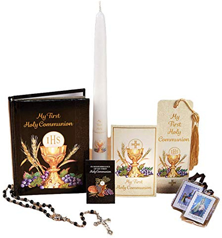 Christian Brands Catholic My First Holy Communion Deluxe Boxed Gift Set Includes Scapular Rosary Lapel Pin Bookmark Candle and Book, 7-Piece, Black