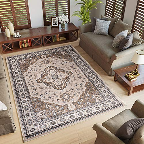 TAPISO Colorado Teppich Wohnzimmer Kurzflor Klassisch Orientalisch Beige Creme Floral Ornament Muster Traditionell Orientteppich ÖKOTEX 60 x 100 cm