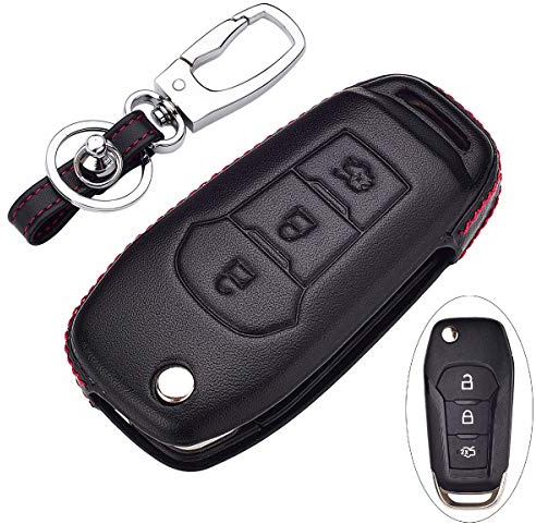ROYALFOX(TM 2/3 Buttons Leather flip Remote Key Fob case Cover for 2015 2016 2017 2018 2019 Ford F150 F250,Focus 3 Escort Kuga Everest Fiesta Mustang Edge MKV S-MAX Fusion 2016 Ranger (Leather Black)