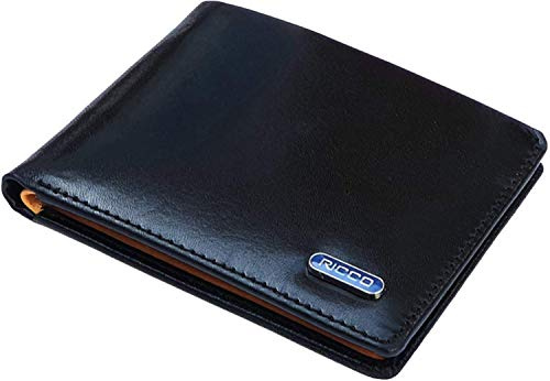 Ricco Mens Slim Minimalist Designer Leather Wallet RFID Blocking Real Italian Luxury Leather Billfold Wallet For Men With Gift Box S14 (Black Yellow)