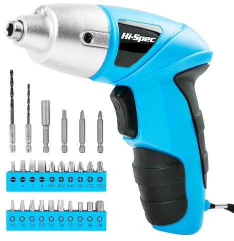 Hi-Spec 27 Pc Electric Screwdriver Blue 3.6V with 23 Screwdriver Bit Sets. Cordless Screwdriver Tool with Rechargeable Battery and LED Light for DIY Home & Office