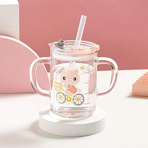 Haozaikeji Tasse d'Apprentissage en Verre pour Enfants et Bébés - Avec Paille Silicone, Poignée Double, Échelle, Couvercle Anti-Fuite - Pour Lait et Eau