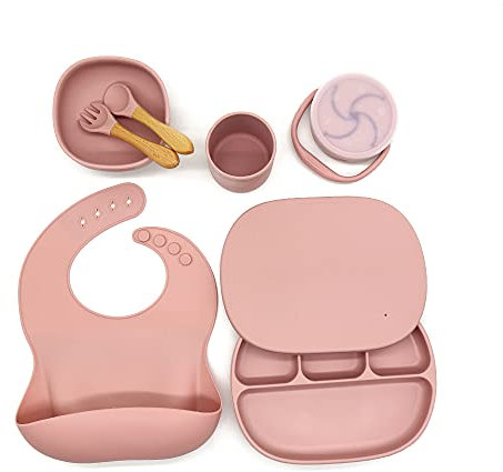 Baby Weaning Set | Toddler Feeding Set | Plate, Cup, Bowl, Spoon, Fork, Snack Cup, Lid | Silicone and Wood Materials | for Babies, Toddlers, Boys and Girls (Rose Pink)