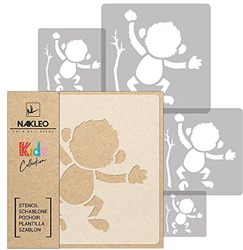 NAKLEO Schablonen Malen für Kinder, 5 Stück Set 9x9 bis 34x34cm Affe Dschungel Tier, Wiederverwendbare Kunstoff Kinderzimmer Malvorlage Raumdekoration, Basteln DIY Wand Möbel Papier