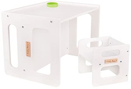 KiddyMoon Kindertisch Mit Stuhl Für Kinder, Multifunktionelles Schreibtisch, Sitzgruppe Holzspielzeug Babys Kindermöbel Tisch Möbelset Holzmöbel Stuhl Bank Aus Holz, Weiß