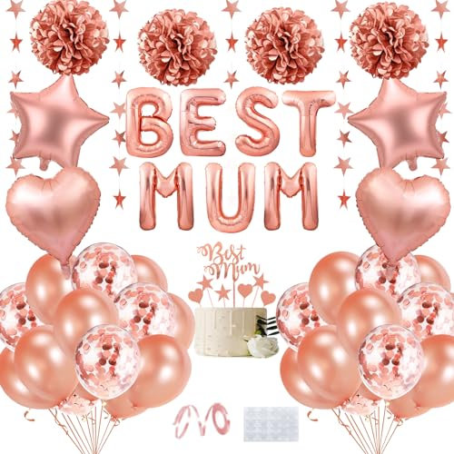 Muttertags Dekoration Luftballons, Roségold Party Dekorationen mit BEST MUM Brief Luftballons, Star and Heart Foil Ballon, Konfetti Luftballons, Papier Pompons, für Frauen Geburtstag Partyzubehör