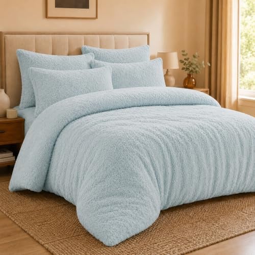 EXQUIZIT HOME® - Set di biancheria da letto con copripiumino in pile effetto orsetto - Set di biancheria da letto in pile soffice con federe - Caldo e accogliente copripiumino invernale in pile (Uovo