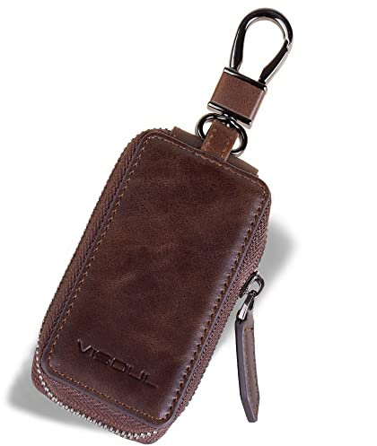 VISOUL Echt Leder Schlüsselanhänger Schlüsseltasche Auto Schlüssel Anhänger Antik Vintage Karabienerhacken Tasche Reißverschluss D02 Kaffee