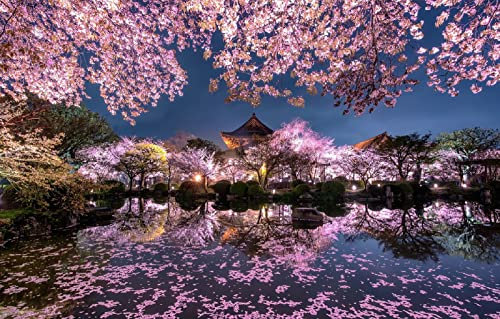 LHJOYSP Puzzle Adultes 1000 Pieces Lumières de la Ville veilleuses Printemps Fleurs de Cerisier Japonais 75x50cm