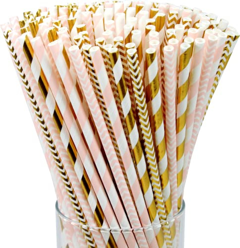 150-Pack Biodegradable Gold and Pink Stripes Paper Straws - Perfect for Birthdays, Weddings, Anniversaries, Cake Pops, and Parties - Pink and Gold Party Straws, Cute Disposable Drinking Straws