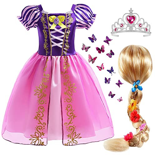 Tacobear Rapunzel Kostüm Kinder Prinzessin Kleid Mit Perücke Krone Verkleidung für Geburtstag Party Weihnachten Halloween Karneval (120)
