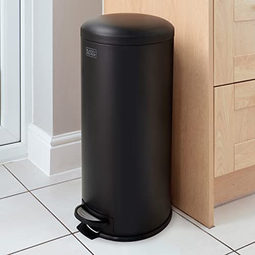 BLACK+DECKER 30 Litre Dome Kitchen Indoor Rubbish and Waste Pedal Bin with Soft Close Lid/Steel (Matte Black)