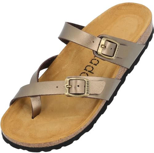 Palado Pantoletten Damen Cres Metallic - elegante Sandalen Made in Spain - bequeme Hausschuhe mit dämpfendem Kork-Fußbett - modische Sommerschuhe Bronze UK8 - EU41