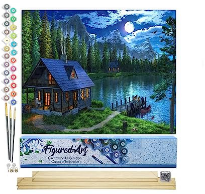 Figured'Art Peinture par Numéro Adulte Lac nocturne - Activité Manuelle Kit de Loisir Créatif DIY Numéro d'Art Complet - 40x50cm avec châssis en bois à monter
