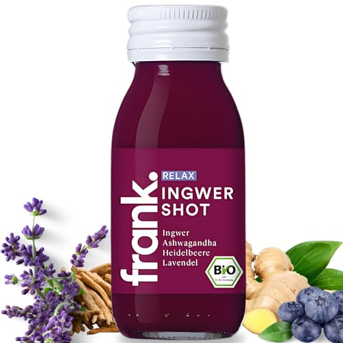 Frank Juice Bio Ingwer Shots Relax 14 x 60 ml, Vegan & in Glasflaschen | Mit Heidelbeere und Lavendel | ohne Farb-, Süß- oder Konservierungsstoffe | nachhaltiges Premiumprodukt