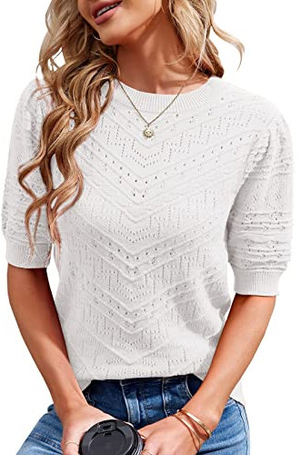 Runcati Maglione da donna a maniche corte, casual, girocollo, maniche a sbuffo, elegante, tinta unita, bianco, L