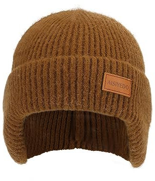 AISIYEDO Strickmütze mit Totenkopf-Motiv, warme Beanie-Mütze für Herren und Damen, mit Ohrenklappen, dehnbare Skimütze, Braun, 58 EU