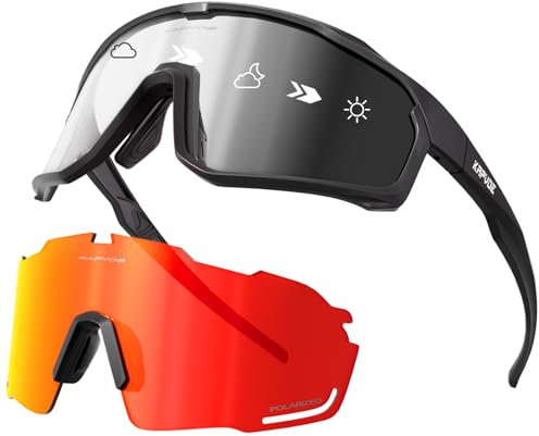 KAPVOE Fahrradbrille Polarisiert Selbsttönend Radbrille Wechselglaeser Photochromatische Sonnenbrille Sportbrille MTB Brille Herren Damen Klar MTB Rennrad Radsport Sportbrille