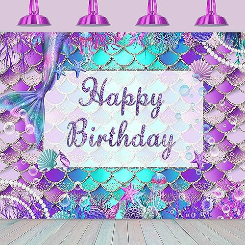 7x5FT Mermaid Backdrop Under The Sea Glitter Purple Green Aqua Pink Mermaid Tail Happy Birthday Photography Background Girl Mermaid Princess Party Cake Table Decorations Banner Photo Booth Props