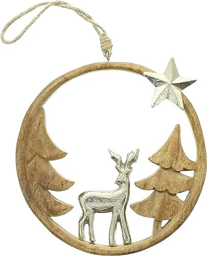 Dekoleidenschaft Dekohänger Rentier im Wald aus Mango Holz & Aluminium, Ø 20 cm, Weihnachts-Deko, Türdeko, Fensterschmuck zum Aufhängen, Hängedeko für Wand, Fenster & Tür