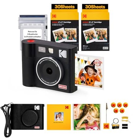 KODAK Mini Shot 3 ERA 4PASS 2-in-1 Instant Camera and Photo Printer (3x3 inches), Initial 8 Sheets + 60 Sheets Pack, Accessory Bundle, Black