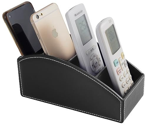 XNONE - Soporte de mando a distancia para TV con 4 compartimentos de piel sintética, decoración de mesita de noche, caja de gafas, pincel de maquillaje, bolígrafo, teléfono móvil, color negro