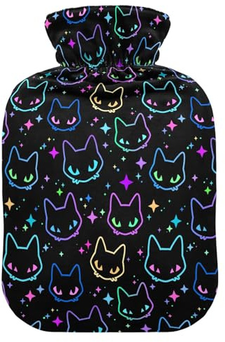 Hot Water Bottle, 1L Small Hot Water Bag with Soft Plush Warmer Cover Gothic Colorful Neon Cat Heads, Leak Proof Screw Plug Best for Winter Sports Outdoors Back Neck and Leg Cold Muscle Pain and Cram