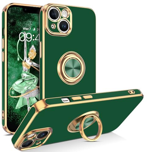GUAGUA iPhone 14 Plus Case,iPhone 14 Plus Phone Case with 360° Ring Holder Kickstand Support Magnetic Car Mount Slim Non-Slip Women Men Phone Cover for iPhone 14 Plus 6.7 2022, Midnight Green/Gold