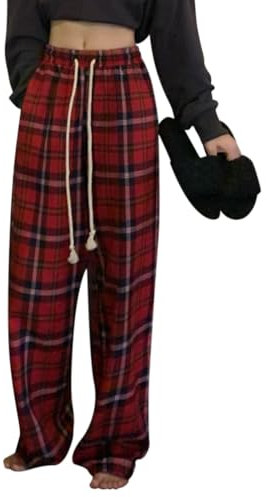 Minetom Damen Mädchen Karierte Hose Jogging Hose Lange Retro Lose Sporthose Plaid Baggy Pants Hohe Taille Weites Bein Hose Streetwear E Rot S