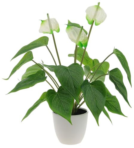 Quancru 42cm Simulation Anthurium Andraeanum Fleur Artificielle Bouquet de Plantes Vertes en Pot DIY Bureau Hôtel Festival Pendaison de crémaillère