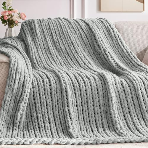 Negwoo Grobstrick-Überwurfdecke, 101,6 x 127,7 cm, gestrickte Chenille-Decken für Bett, Couch, handgefertigte hellgraue Häkeldecke, große dicke Decke, maschinenwaschbar, niedliche, bequeme Decke für