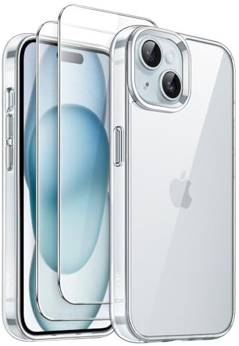 JETech 3 in 1 Case for iPhone 15 6.1-Inch with 2 Pack Tempered Glass Screen Protectors, Non-Yellowing Shockproof Bumper Phone Cover (Clear)