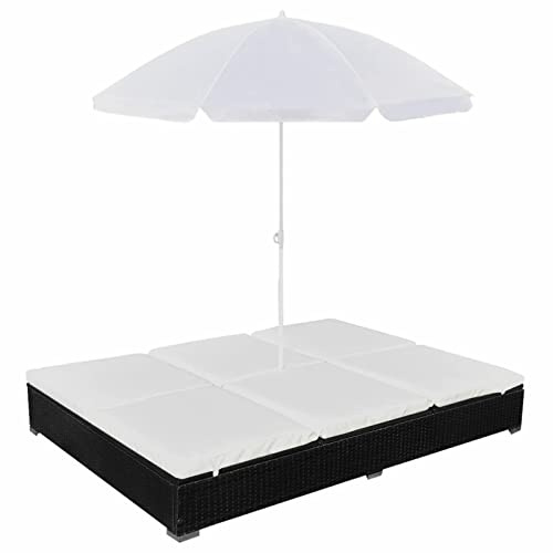 Festnight Doppelliege Outdoor 2 Personen mit Sonnendach Doppel Gartenliege Rattan Sonnenliege Loungebett mit Sonnenschirm Gartenbett mit Auflage Verstellbare Liege Outdoor Rattanliege