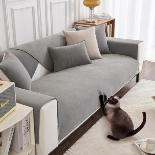DUJUIKE Sofa Überzug 1/2/3/4 Sitzer, Chenille Sofaüberwurf, Ecksofabezug, L-Form Sofabezug, Katzensofa-Schutz, Knitter- und Kratzfest, Waschbar, rutschfest für U Form Sektionssofa(Grau,70x180cm)