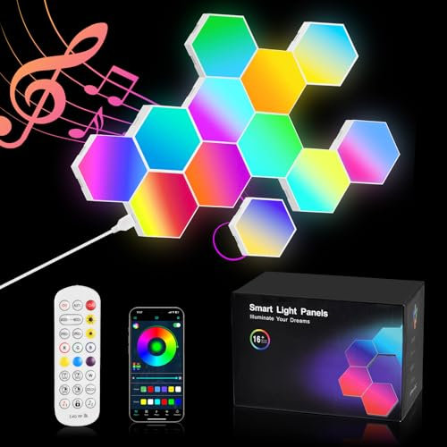URAQT Hexagon LED Lights, 12 Pack RGB Wall Panels With APP & Remote, Smart Music Sync Gaming Decor for Home, Bedroom, Kids, Adults