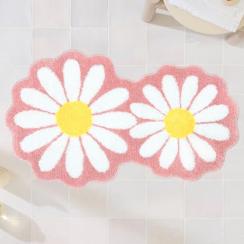 Homantic Tapis de salle de bain à motif floral pour chambre à coucher, tapis de bain à motif marguerites roses, tapis de bain absorbant pour décoration de salle de bain pour chambre à coucher, salles