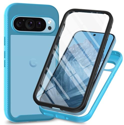 RonRun Cover Google Pixel 9/Pixel 9 Pro, Antiurto 360 Gradi Full Case con Protezione per Schermo Incorporata, Trasparente Rugged TPU Bumper Doppia Protettiva Case Azzurro