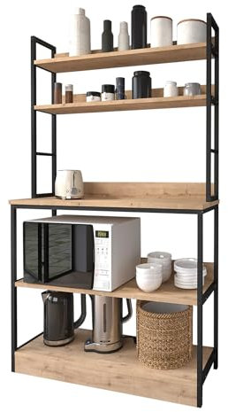 Estantería alacena de cocina de estilo industrial con 4 estantes melamina color roble Safir. Estructura metálica negra. (Alto 161 / Ancho 101 / Fondo 18-36) cm.